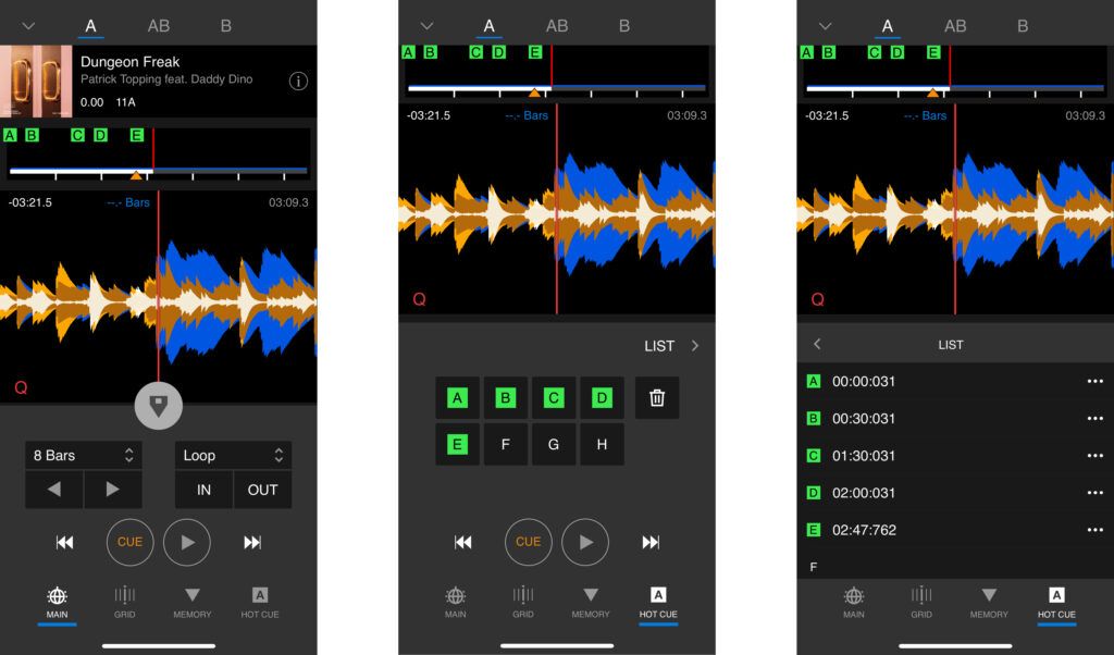 So sieht der einzelne Player aus: Main Page, Hot Cue Page und Hot Cue List Page