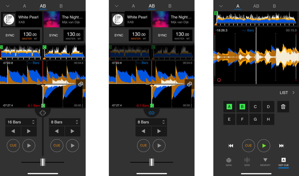 So sehen beide Player aus: getrennte Transportbuttons, ein gemeinsamer Transportbutton und ein einzelner Player mit Hotcues