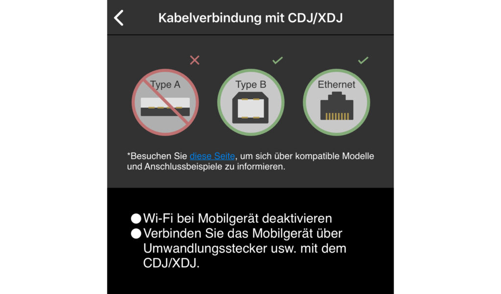 Die Infofläche in den Einstellungen erklärt, wie das iPhone an den CDJ oder XDJ rückwärtig per Kabel angeschlossen wird