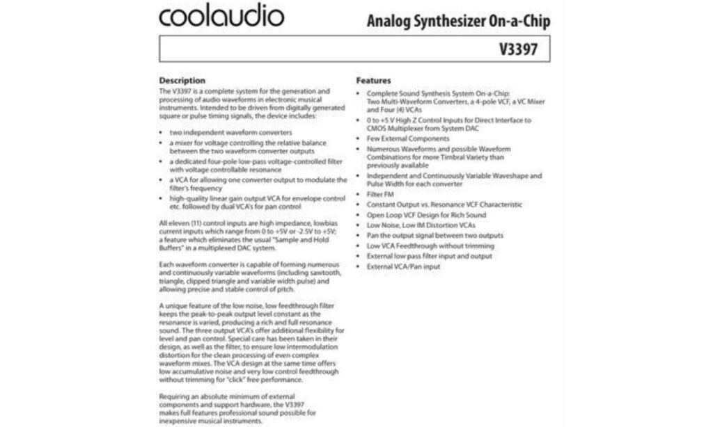 Datenblatt des Coolaudio V3397 Chips (Foto: Behringer)