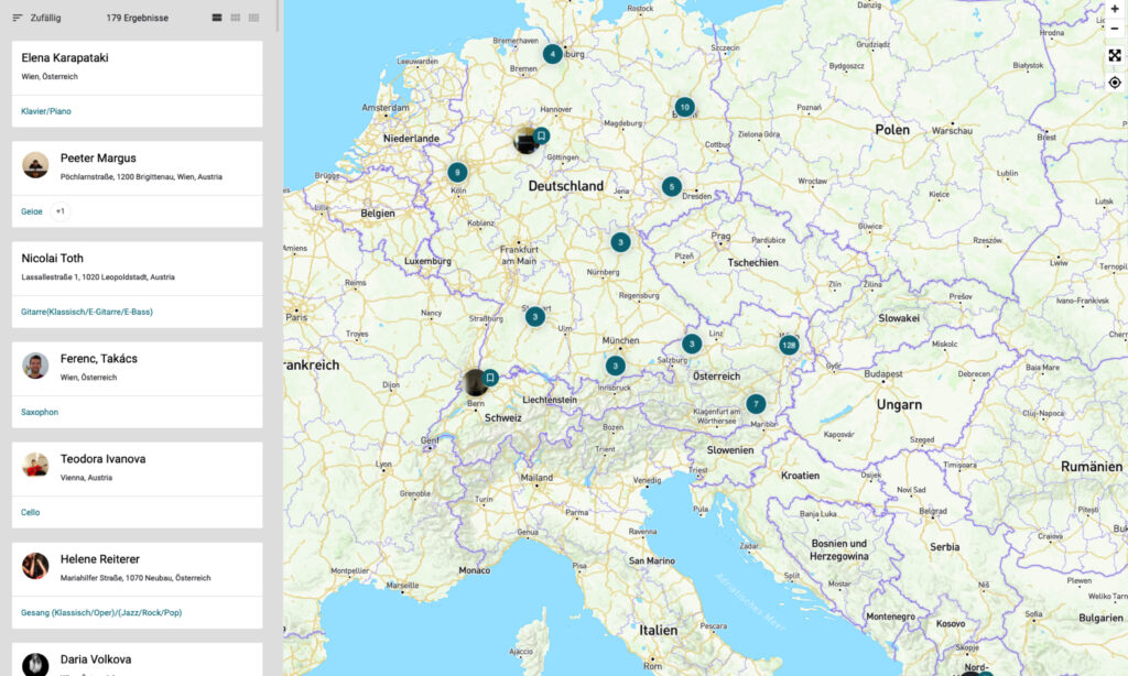 Übersichtskarte der registrierten Musiklehrer