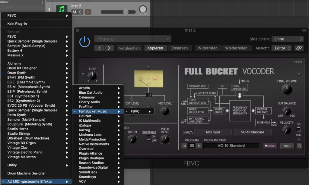 In Logic-Pro-X reicht es, wenn man das Plug-in aus der Sonderkategorie „AU MIDI-gesteuerte Effekte“ lädt, nicht als Insert. Danach muss im Plug-in im Sidechain-Menü oben rechts noch als Quelle die Spur mit dem Audiomaterial eingestellt werden.