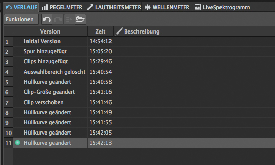 Die Verlaufsliste zeigt die einzelnen Bearbeitungen an und macht es möglich, einzelne Bearbeitungen zu eliminieren.