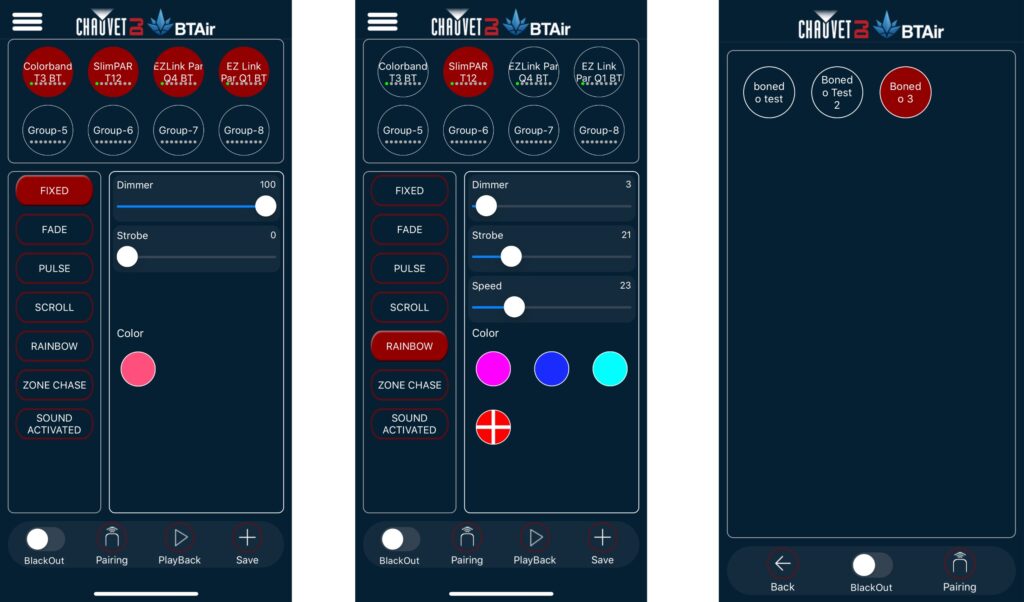 So läuft das mit der App: erst einmal alle verfügbaren Lampen per Bluetooth-Pairing einsammeln, dann pro rot angewähltem Scheinwerfer die Farben und Parameter definieren und schließlich im Playback-Mode die vorher gespeicherten Programme abrufen