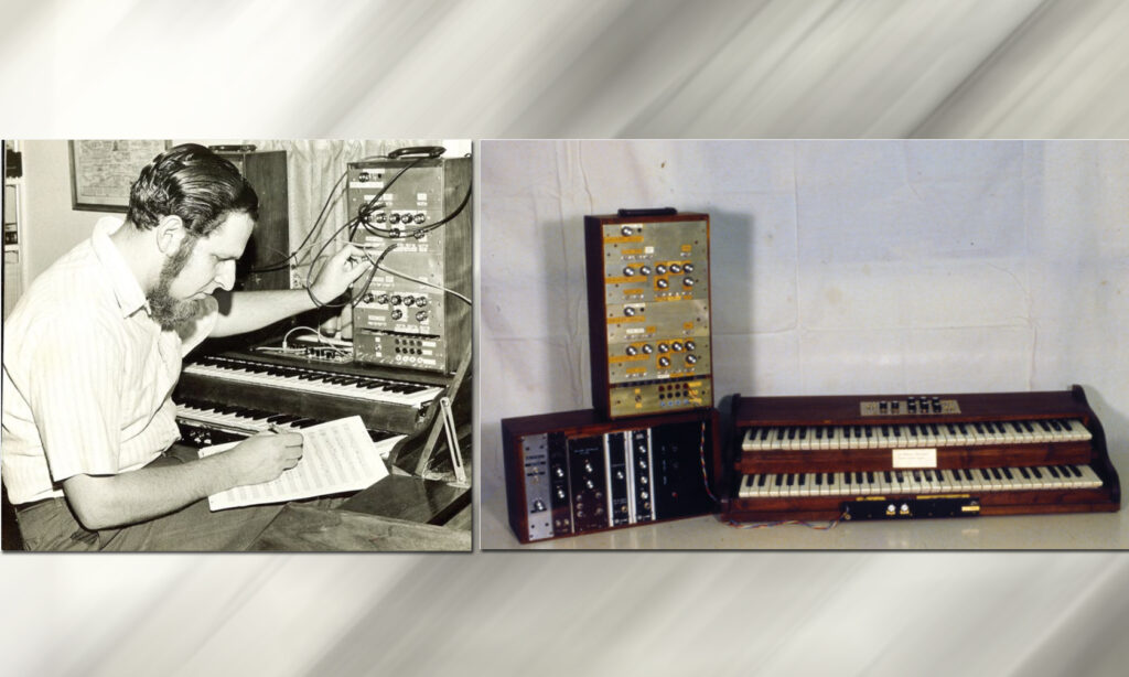 Herb Deutsch [links], der Prototyp des Moog Modularsynthesizers [rechts]. (Quelle: Bob Moog Foundation)