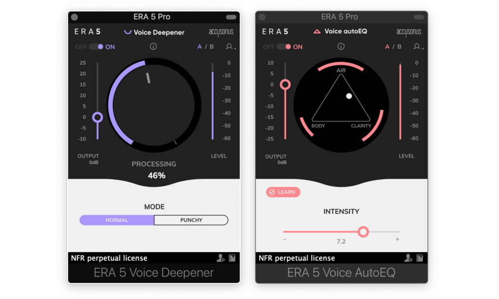 Beim VoiceEQ ist im Vergleich zu den anderen ERA-Plugins nicht der große Intensitätsregler in der Mitte, sondern der Frequenzfokus. Über „Intensity“ ist aber auch hier die Stärke des Effekts einstellbar.