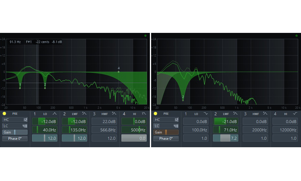 Wichtig: Den Sound von Kickdrum (links) und Bass (rechts) solltet ihr frequenztechnisch aufeinander abstimmen.