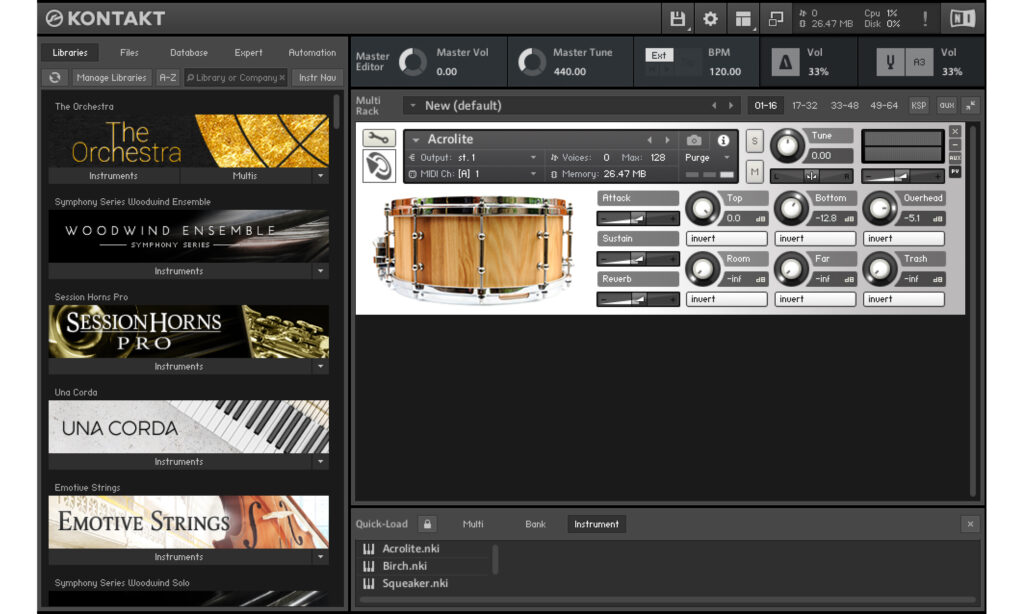 Die Snare-Drum-Library von Pure Magnetik läuft unter Kontakt ab Version 5.