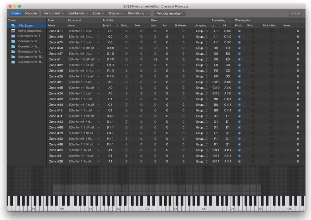Der Instrument-Editor am Beispiel eines Sample-Pianos mit vielen Samples in diversen Zonen.