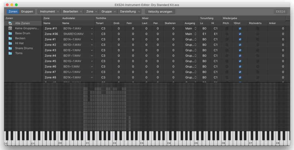 Bei gesampelten Drum-Kits entstehen in der Regel jede Menge kleine Zonen, da auf jeder Taste ein anderes Instrument gespielt wird. Hier wurden zusätzlich bis zu zwölf Velocity-Layer für einen realistischen Anschlag programmiert.