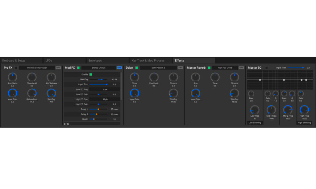 Die Effektblöcke plus Master Reverb und Master EQ der Korg Wavestate lassen sich am Editor schnell bearbeiten. (Screenshot: Matthias Sauer)