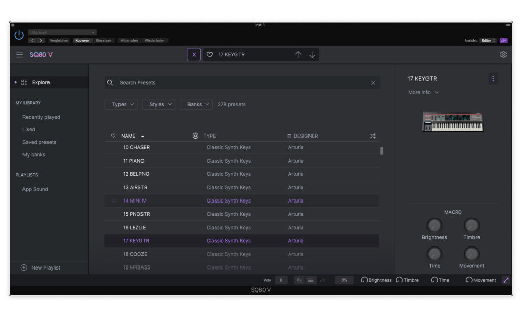 Wie bei Arturia üblich gibt es ein komfortables Browser-System für die zahlreichen Presets, die mit dem SQ80 V möglich sind.