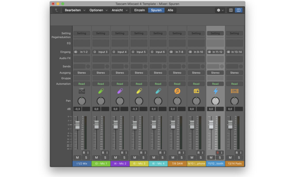 Beispiel eines Logic-Templates zur Aufnahme mit Tascams Mixcast 4