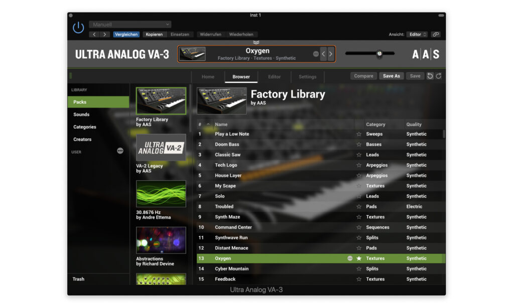 In der Factory Library finden sich zwar viele Presets, aber nur wenige Sounds, die den Ultra Analog VA-3 so richtig glänzen lassen.