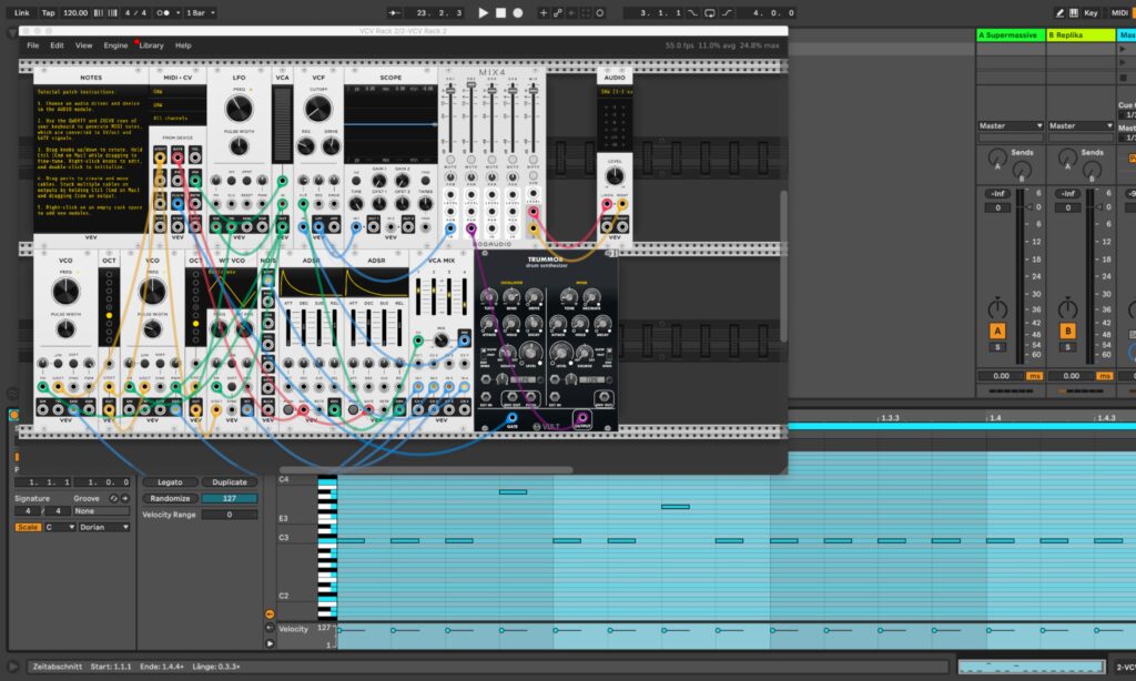 Daten von MIDI-Clips werden in VCV Rack verarbeitet und an Module geschickt.