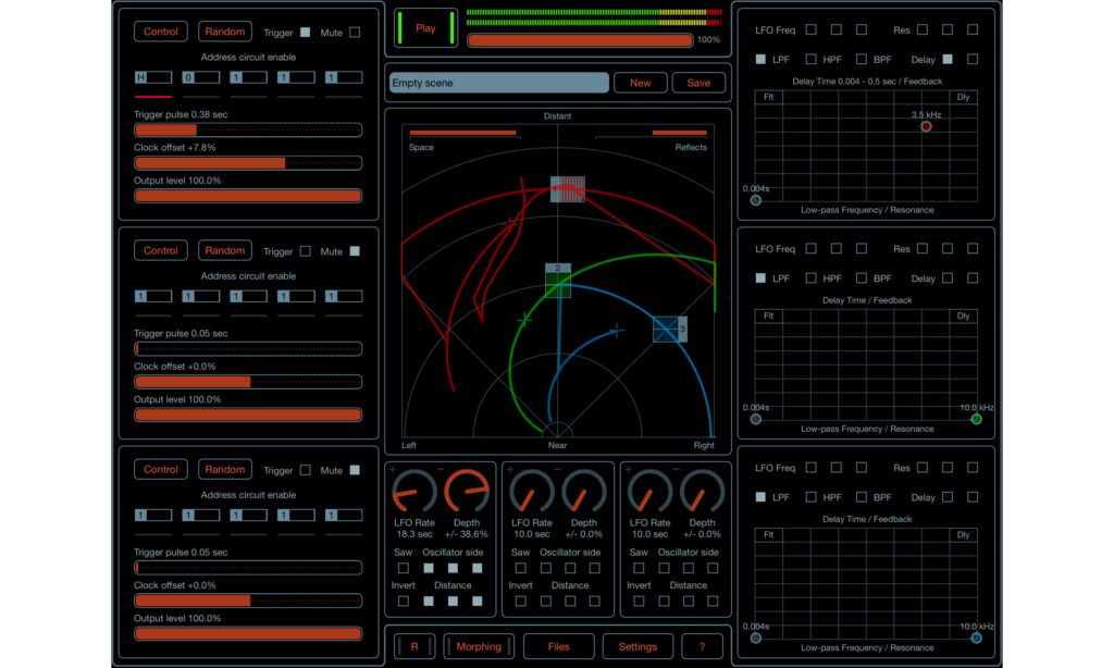 Die Aufteilung des Hauptfensters: Links Osc 1 bis 3, mittig der Spacial Mixer und die LFOs, rechts Filter, FX und LFO-Zuweisung von Osc 1 bis 3