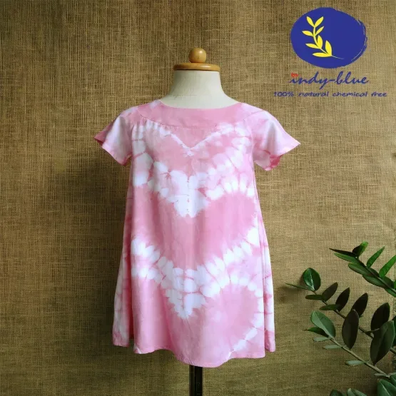 ชุดเดรสแขนสโลปเด็ก มัดย้อมสีธรรมชาติ ดีไซน์น่ารัก Size: S อก 24" ยาว 21" ฟ้า (คราม)