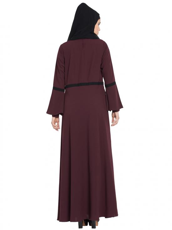 Mushkiya Nida Umbrella Cut Dress Abaya With Falling Panel And Bell Sleeves In Wine Masho Com