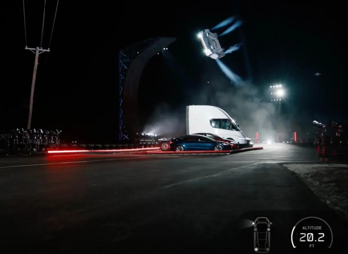 Tesla's SpaceX-powered Roadster leaps over five vehicles at Texas demo