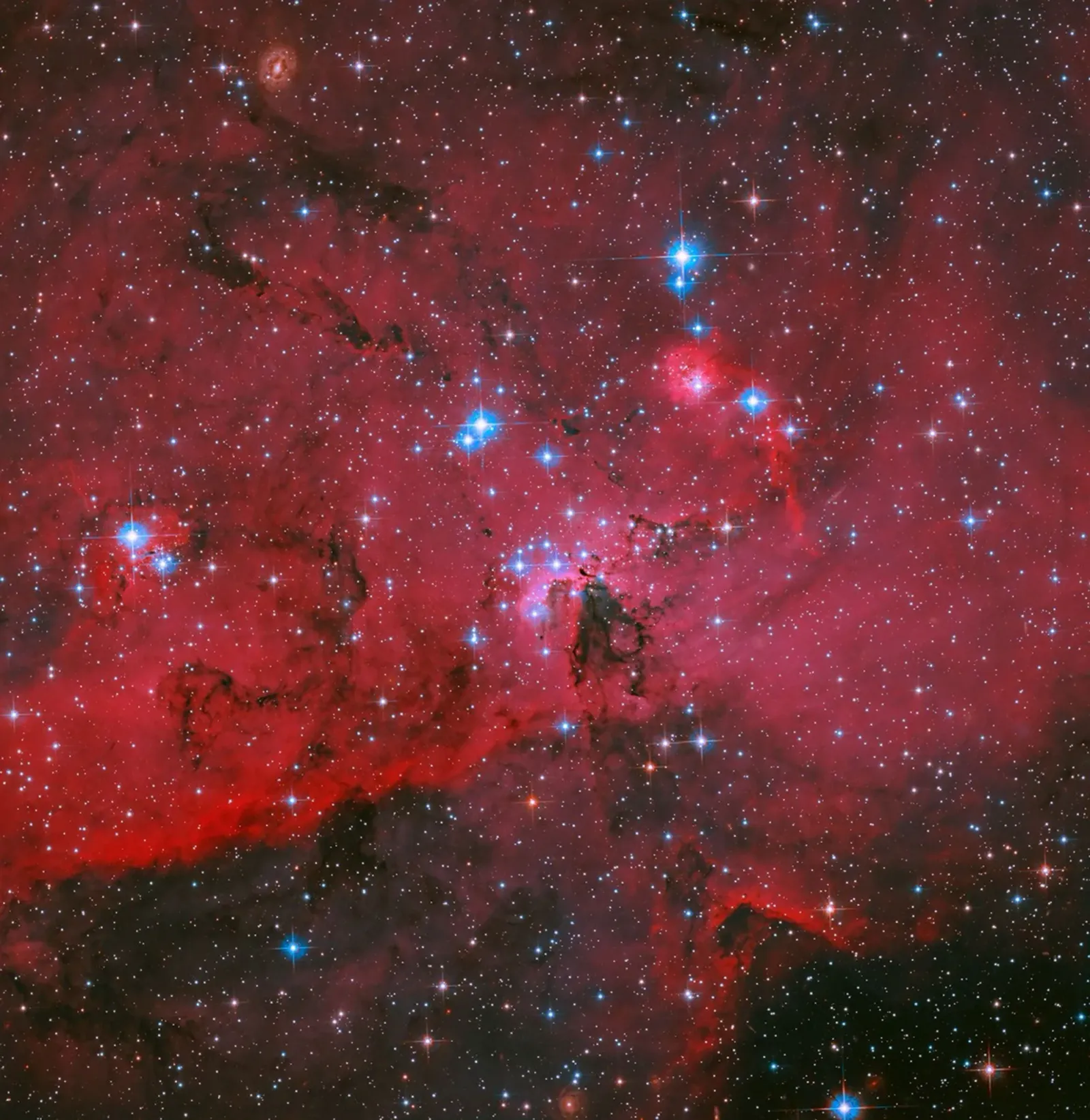 Hubble reveals LH 95’s crimson star nursery, where blue giants and low-mass infants coexist