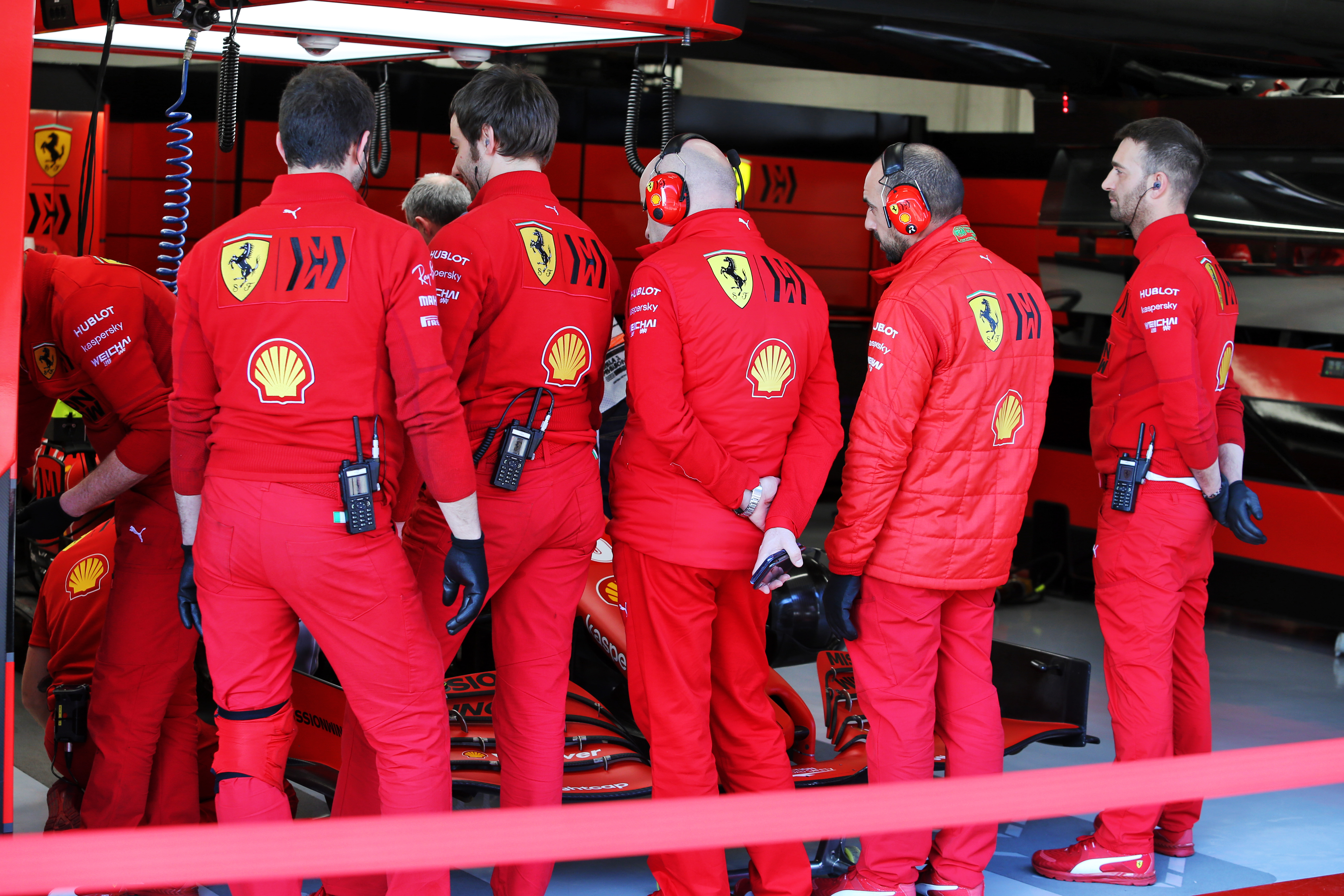 Ferrari mechanics F1 2020 testing Barcelona garage