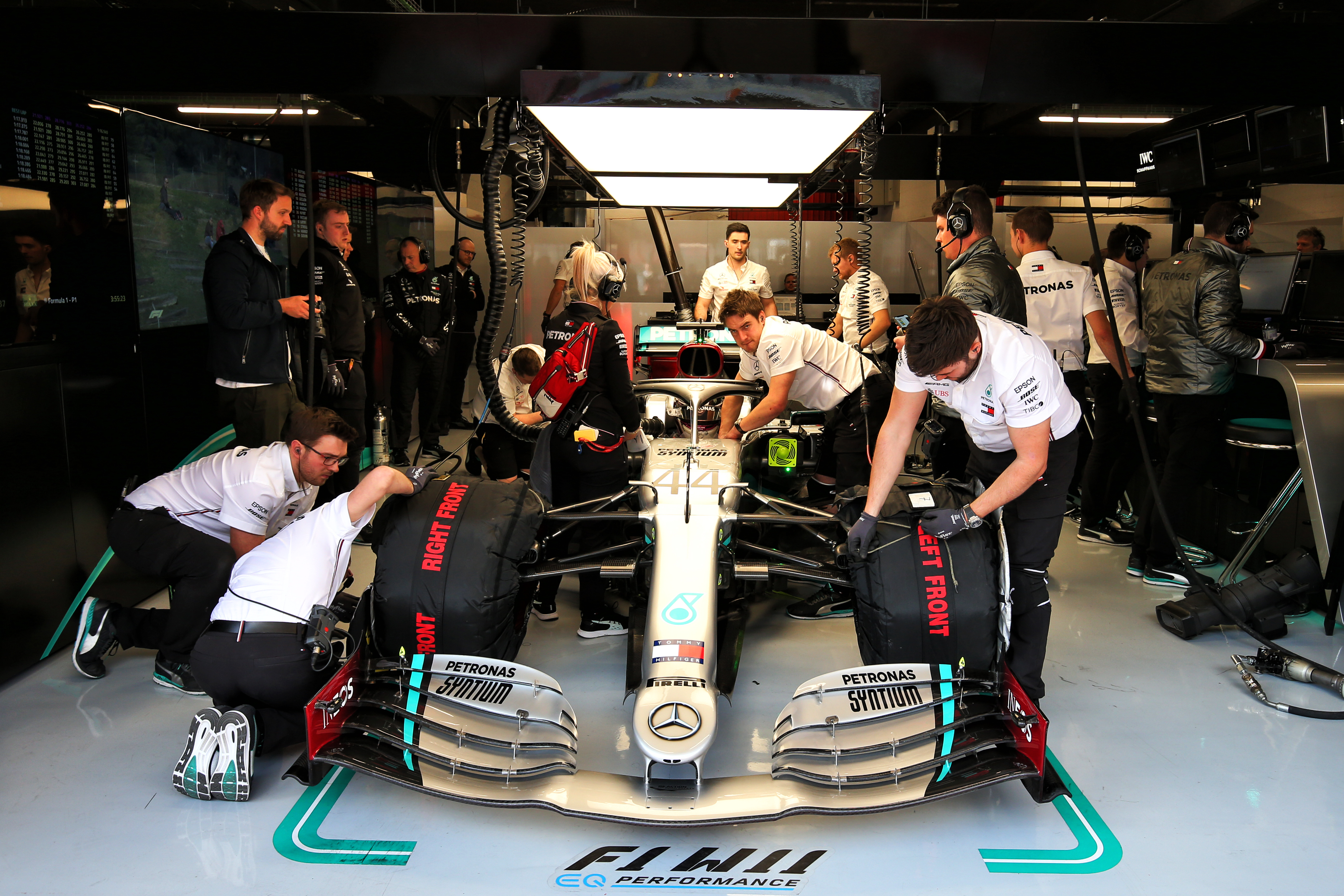 Mercedes F1 mechanics in garage at testing Barcelona 2020