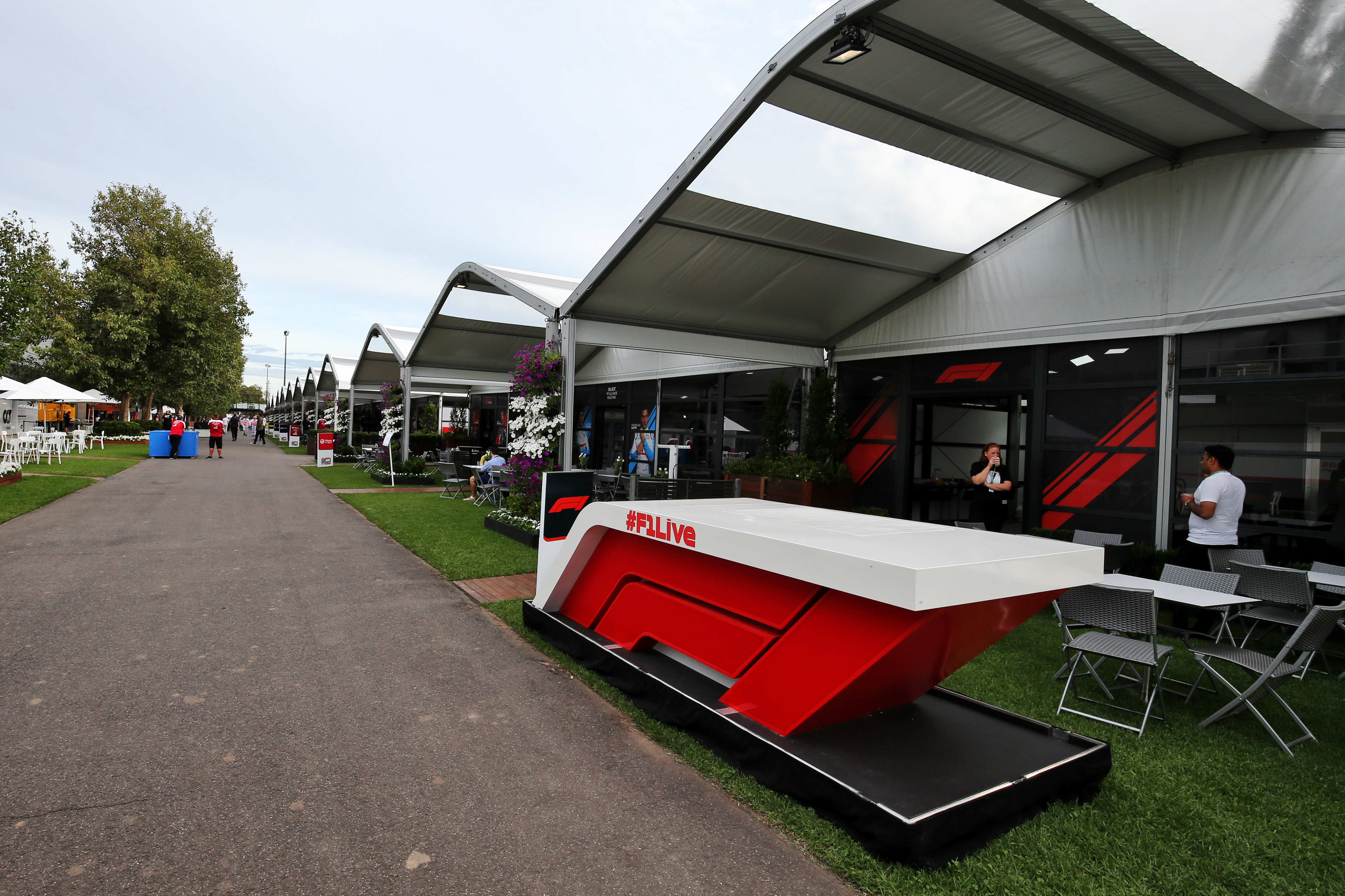 Empty F1 paddock F1 live TV set F1 logo Australian Grand Prix 2020 Melbourne