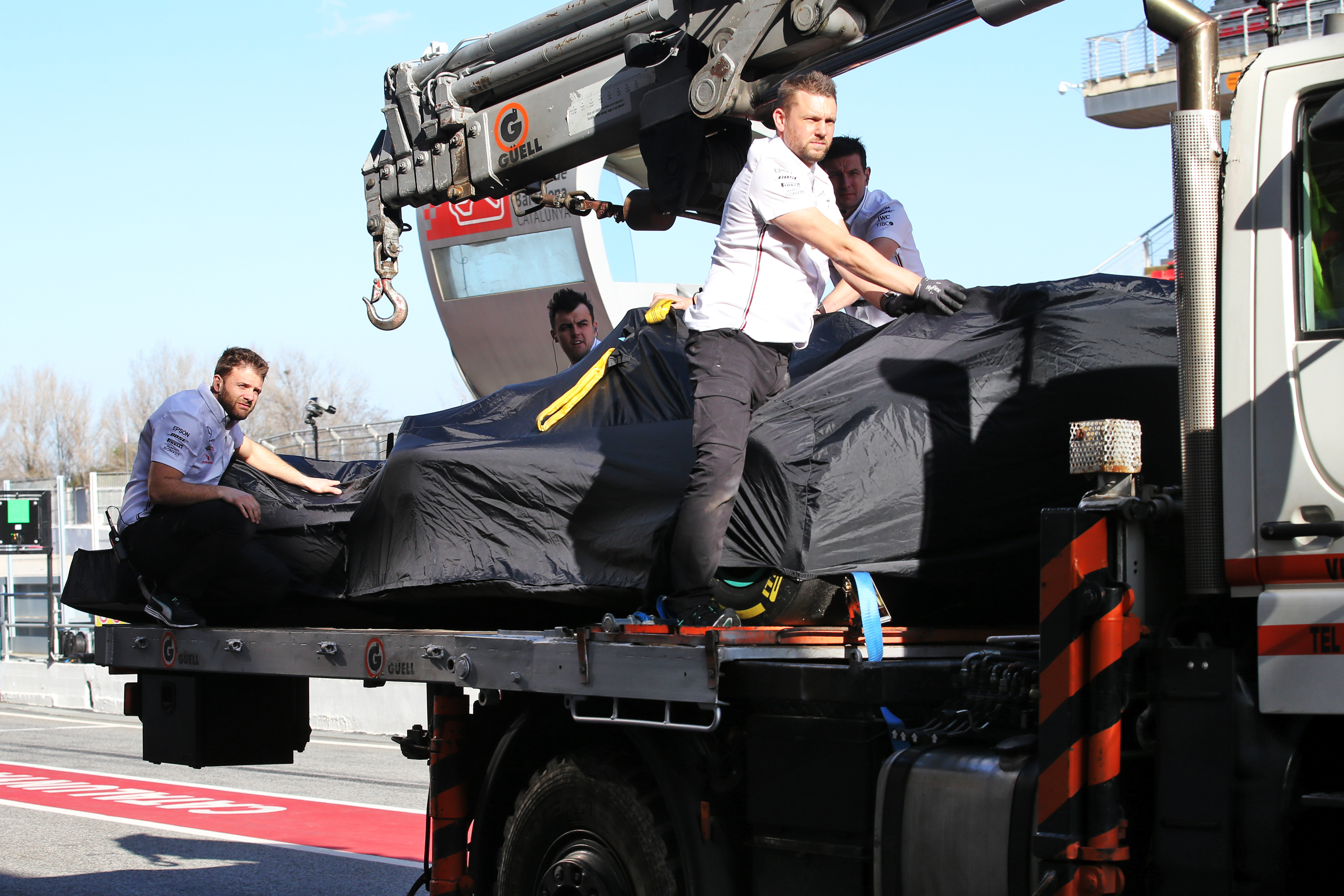 Lewis Hamilton Mercedes on truck Barcelona F1 testing 2020