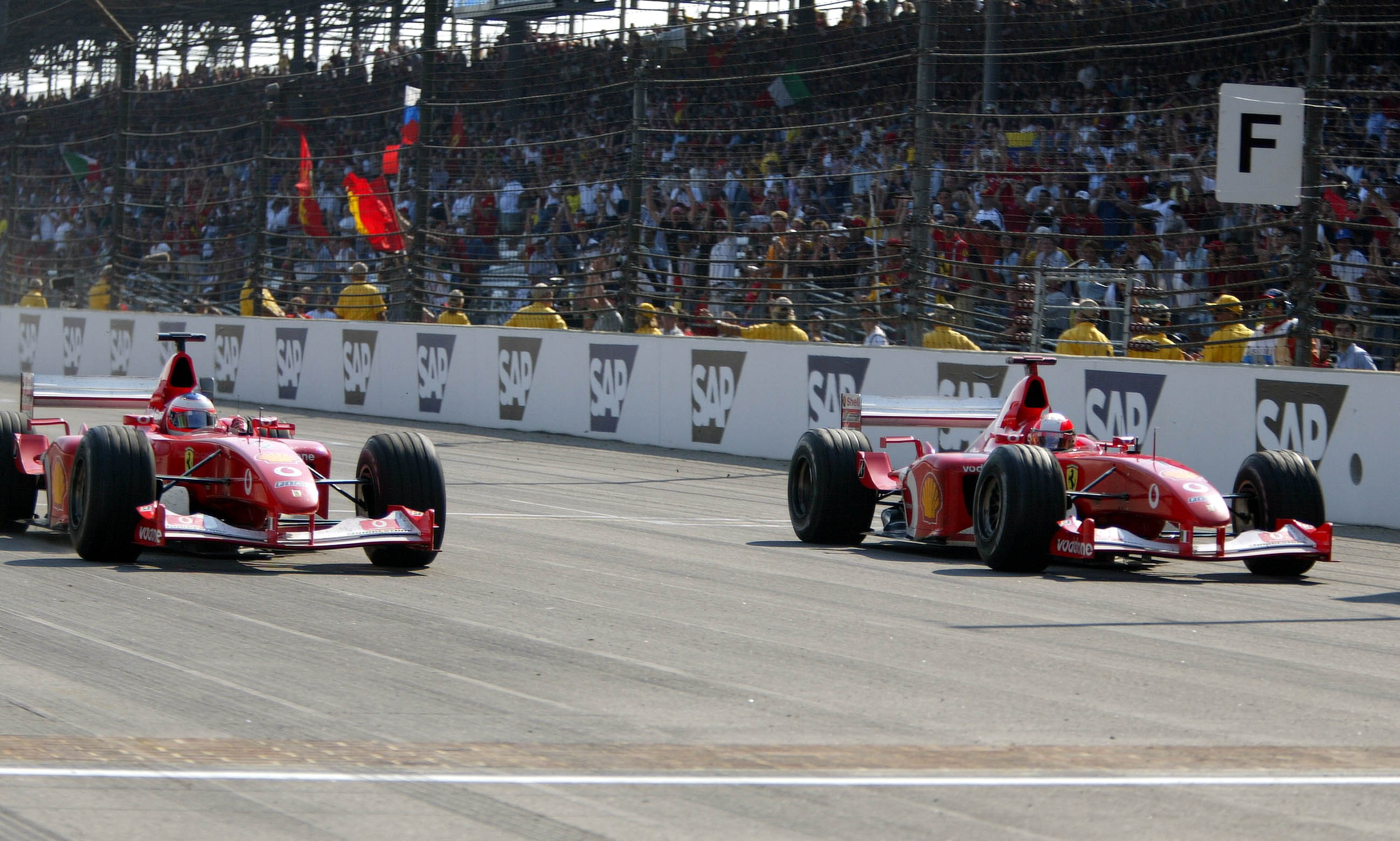 2002 US GP finish Indianapolis F1 Michael Schumacher Rubens Barrichello Ferrari