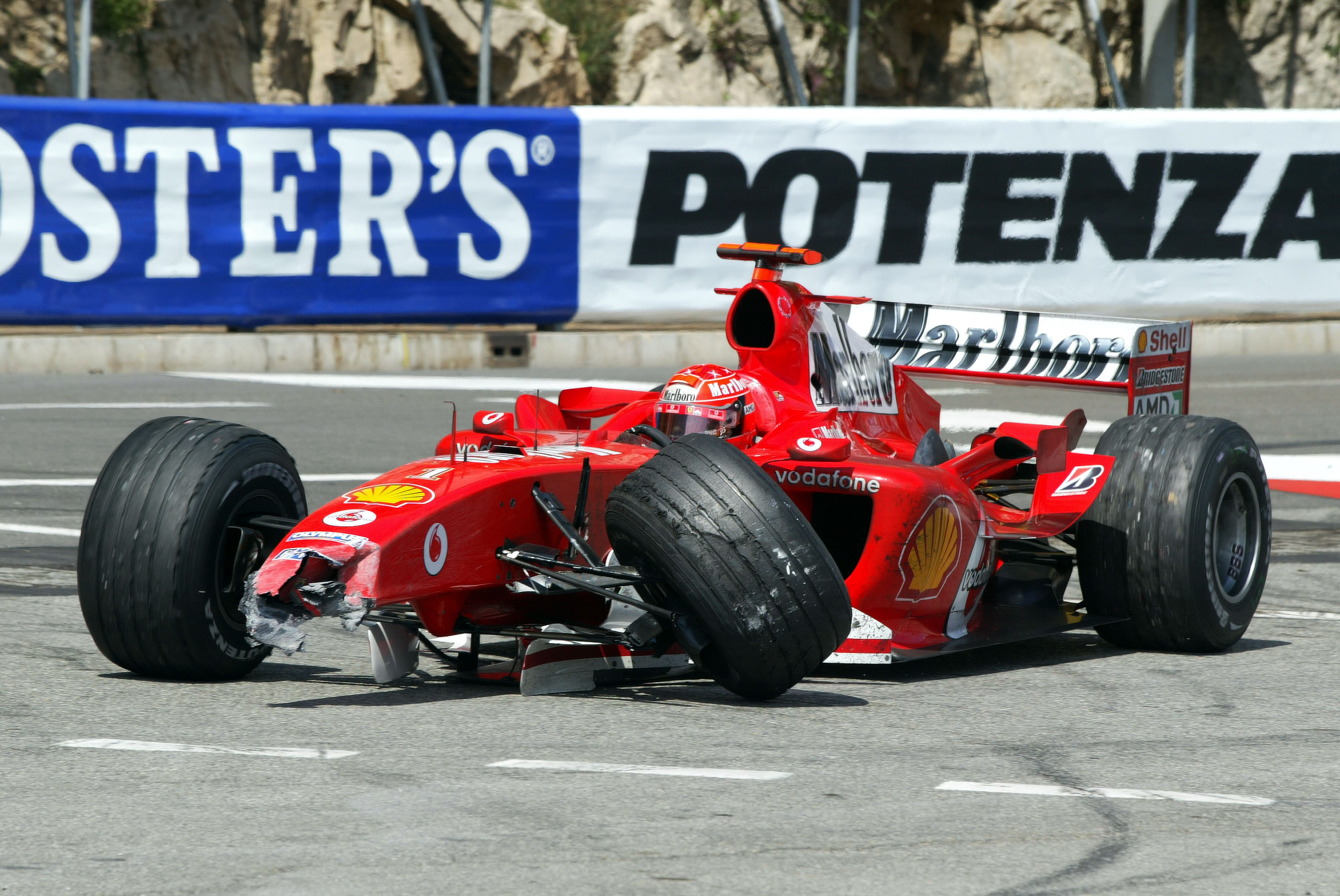 Michael Schumacher Monaco crash damage Ferrari F1 2004