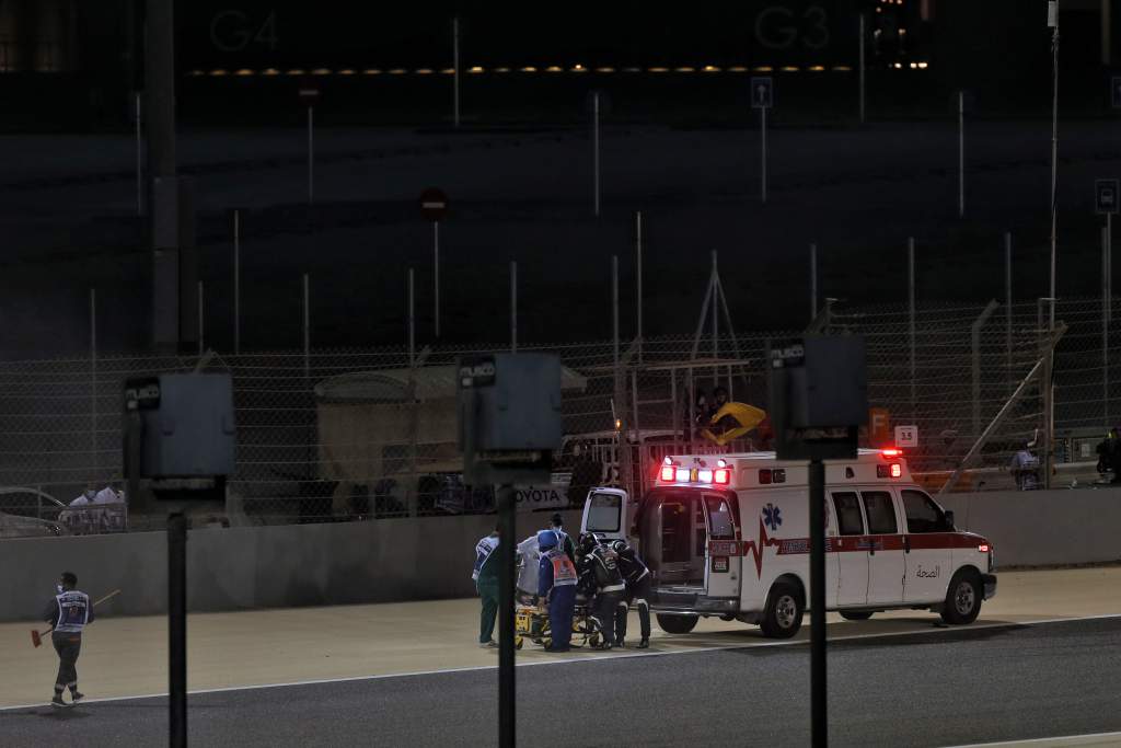 Romain Grosjean gets into the medical car, Bahrain GP, F1 2020