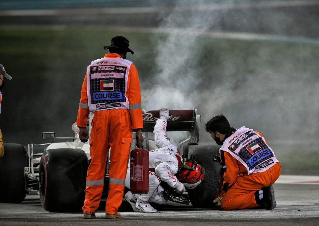 Kimi Raikkonen Alfa Romeo fire Abu Dhabi Grand Prix practice 2020