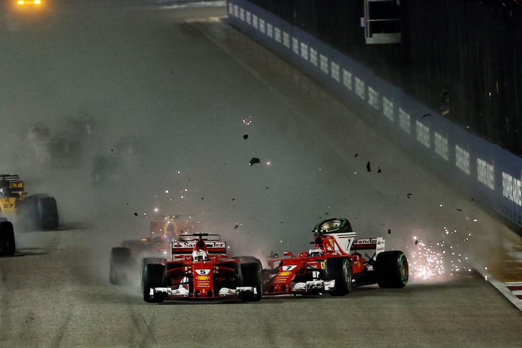 Sebastian Vettel Kimi Raikkonen Ferrari Singapore Grand Prix start crash 2017