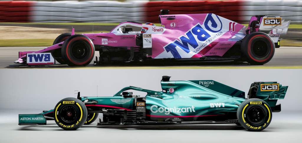 Racing Point Aston Martin F1 cars side comparison