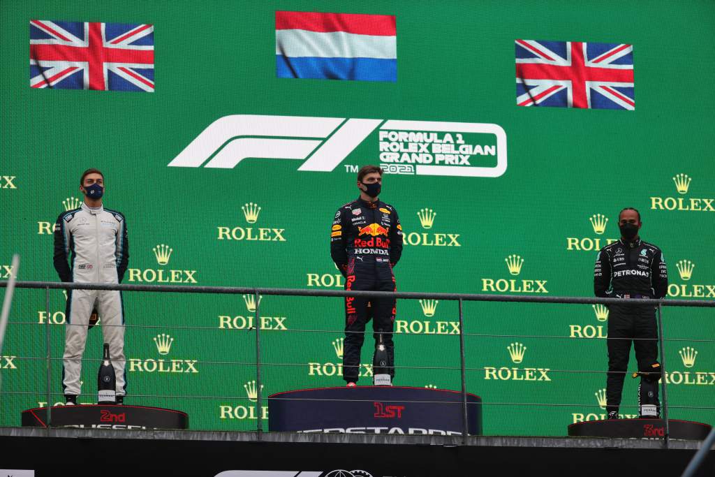 Belgian GP F1 2021 podium Max Verstappen Lewis Hamilton George Russell