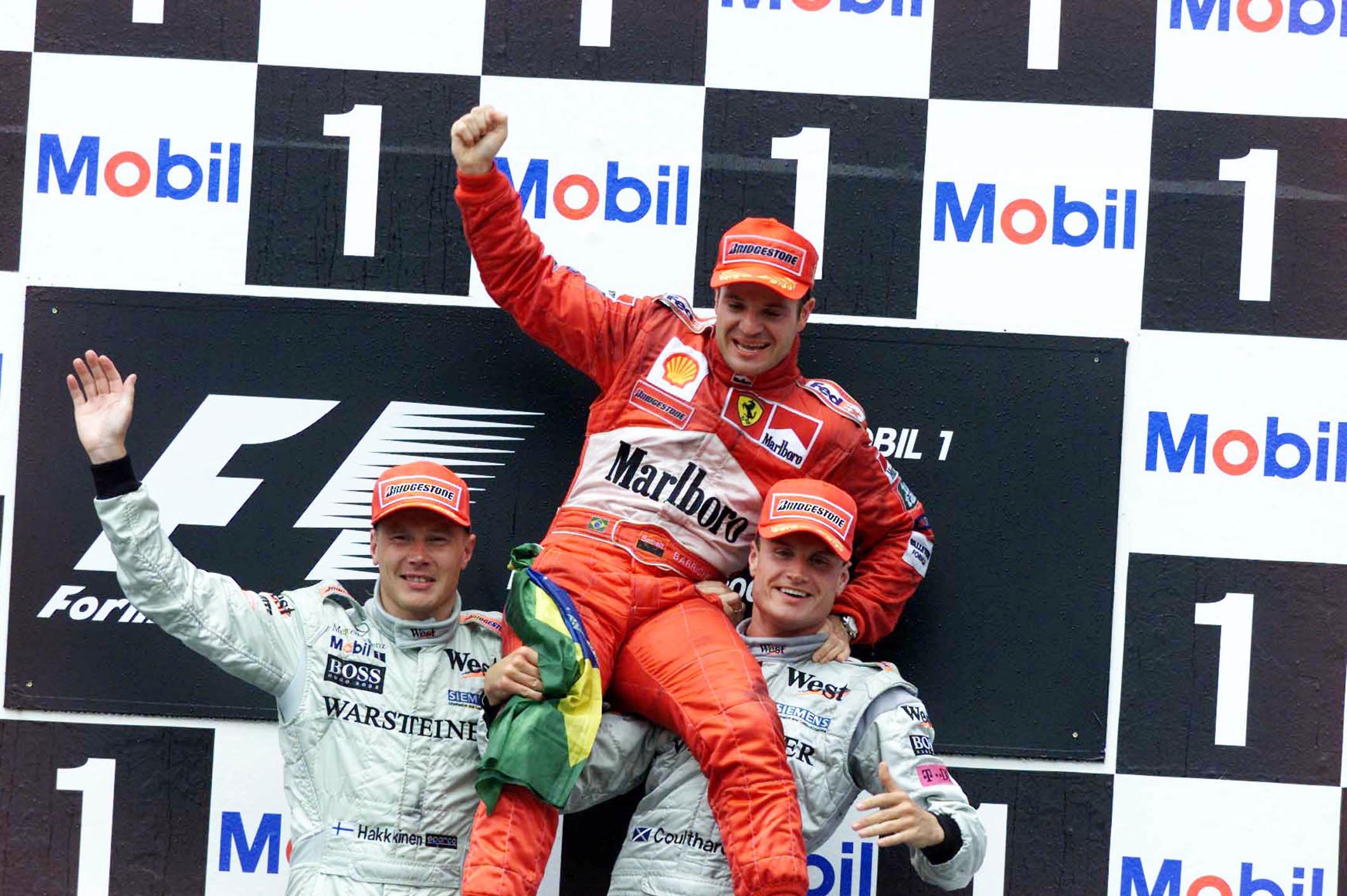 Mika Hakkinen, Mclaren, Rubens Barrichello, Ferrari Und David Coulthard, Ferrari Heute Auf Dem Podium In Hockenheim