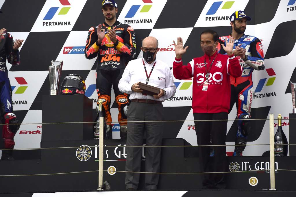 Carmelo Ezpeleta Joko Widodo Indonesia MotoGP podium