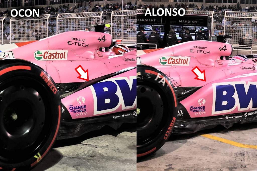Fernando Alonso Esteban Ocon Alpine F1 sidepod comparison