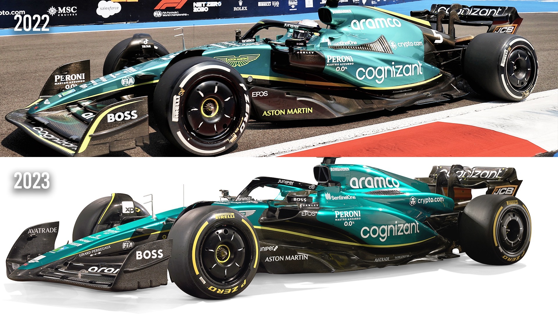 Aston Martin's new AMR23 compared to 2022 F1 car