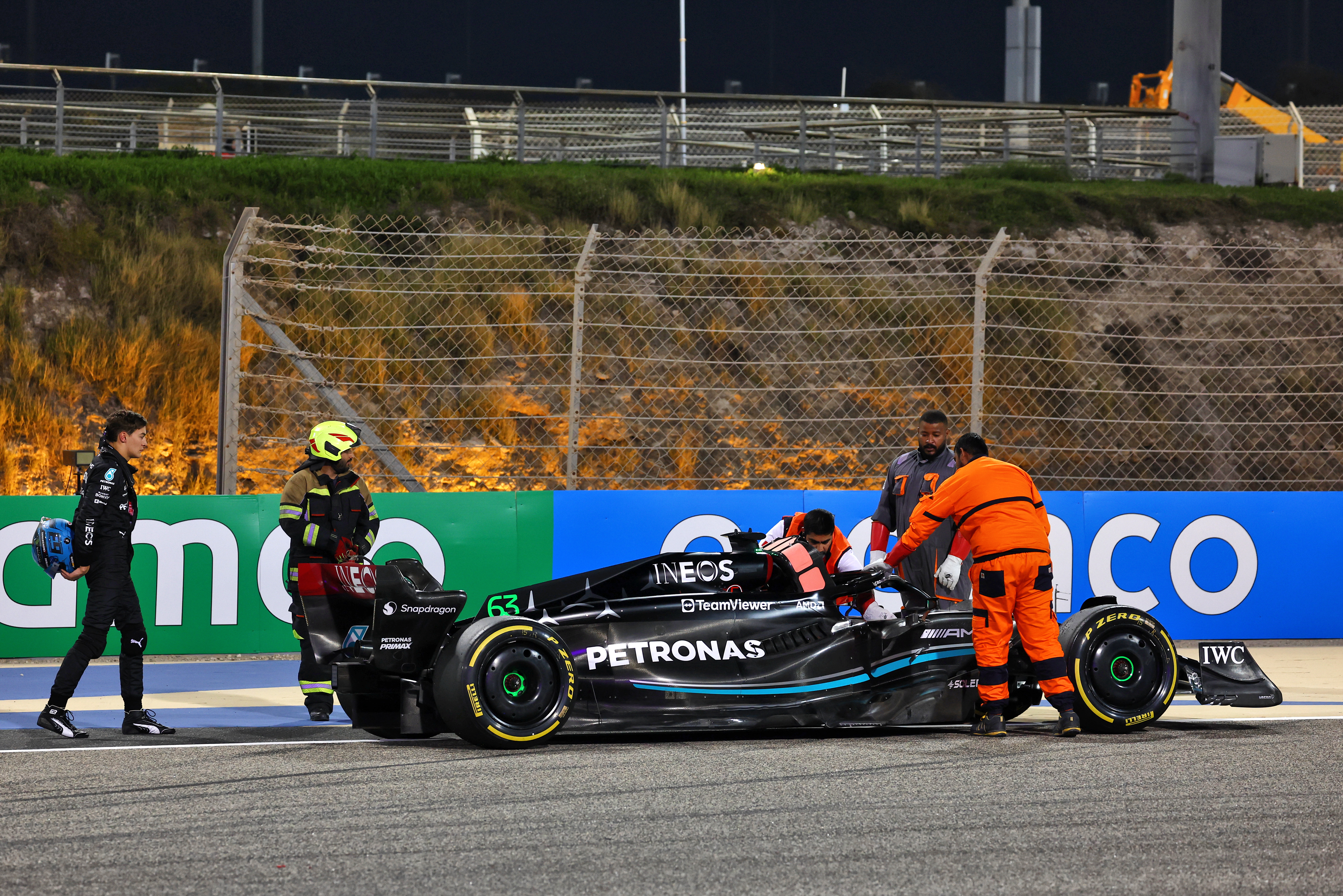 George Russell Mercedes Bahrain F1 testing stoppage