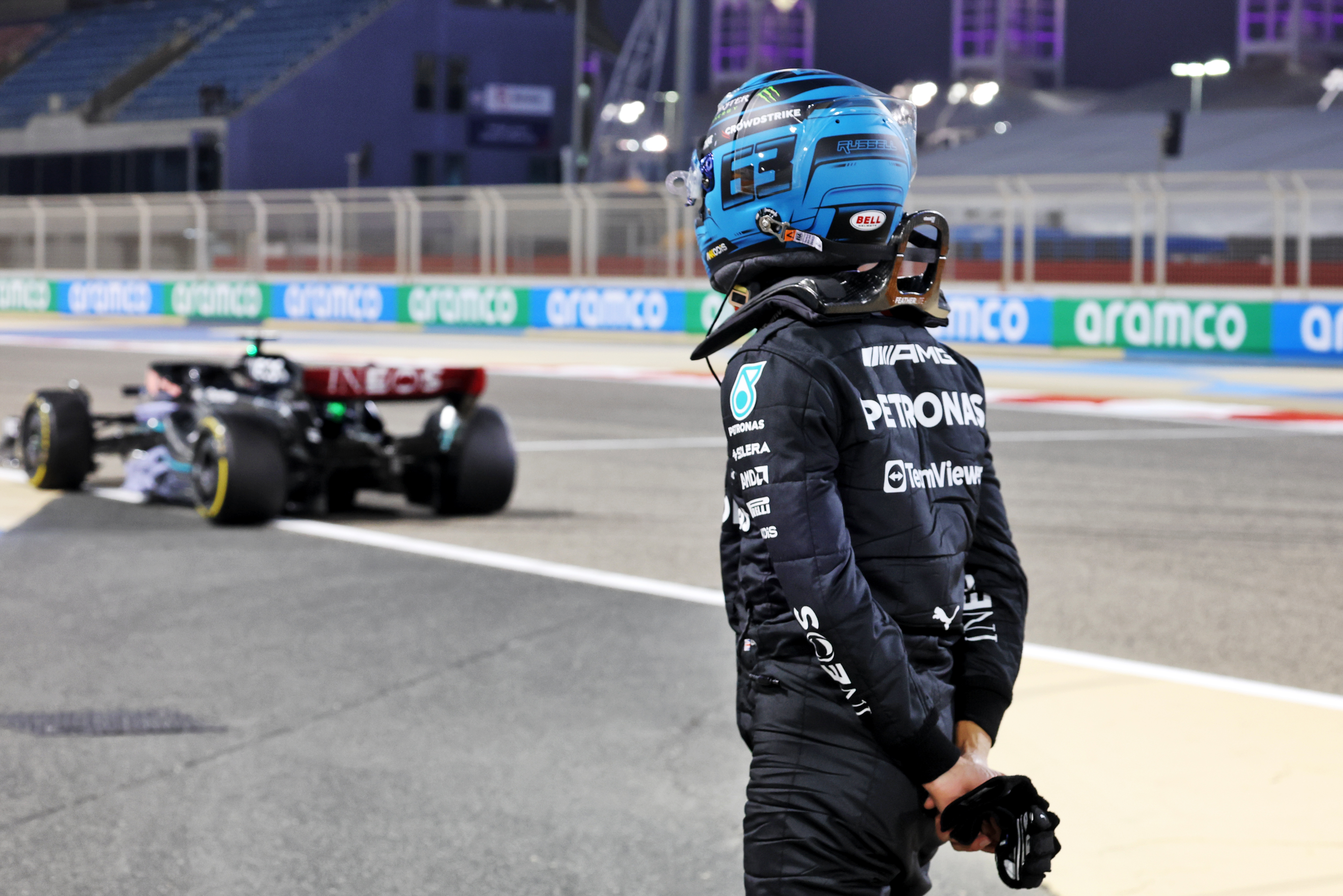 George Russell Mercedes Bahrain F1 testing stoppage