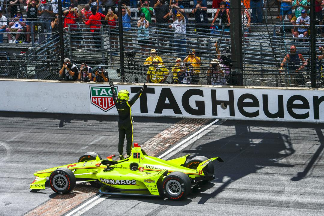 Simon Pagenaud Celebrates On The Yard Of Bricks After Winning The 103rd Indianapolis 500 Referenceimagewithoutwatermark M14358