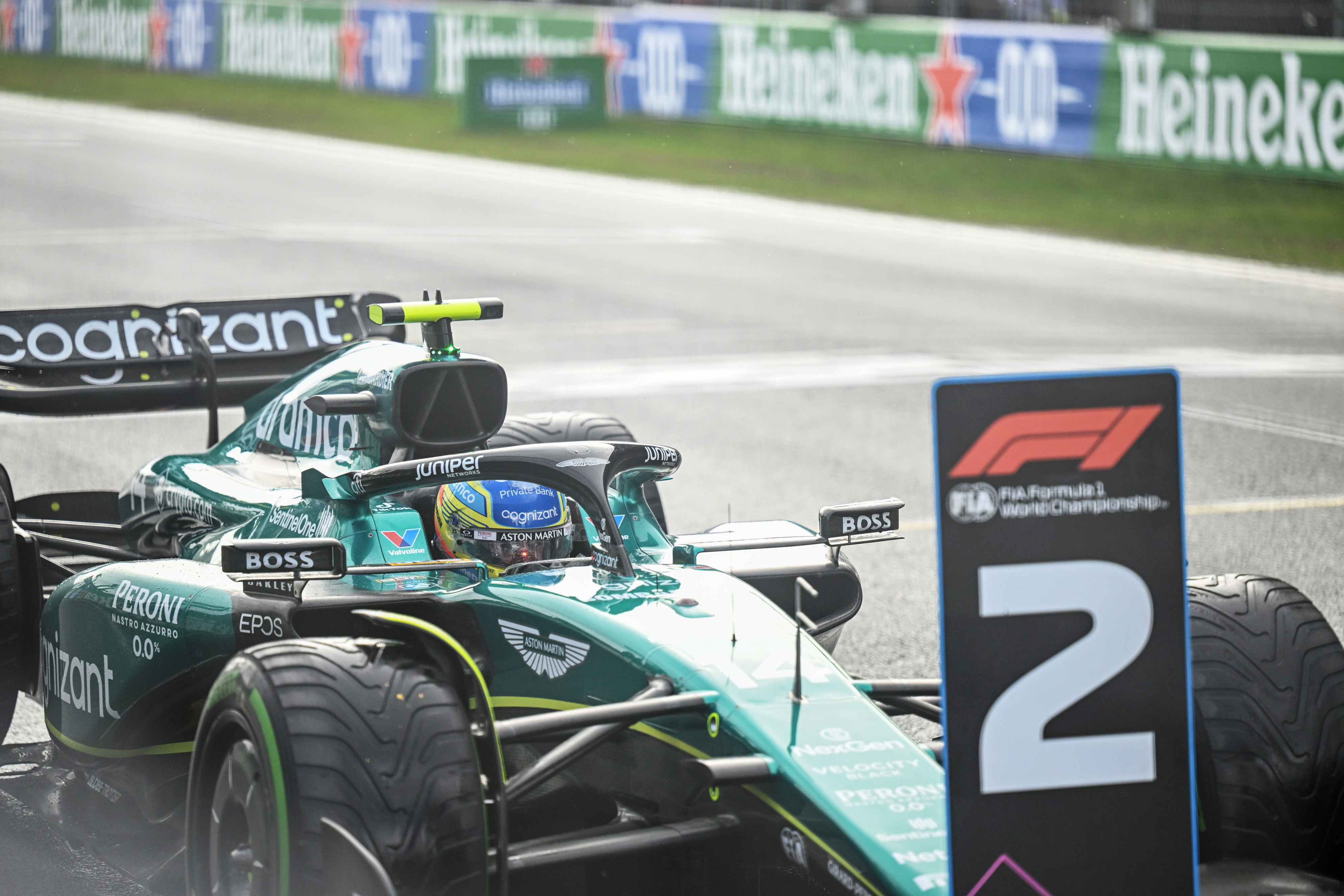 Fernando Alonso, Aston Martin Amr23, 2nd Position, Arrives In Parc Ferme