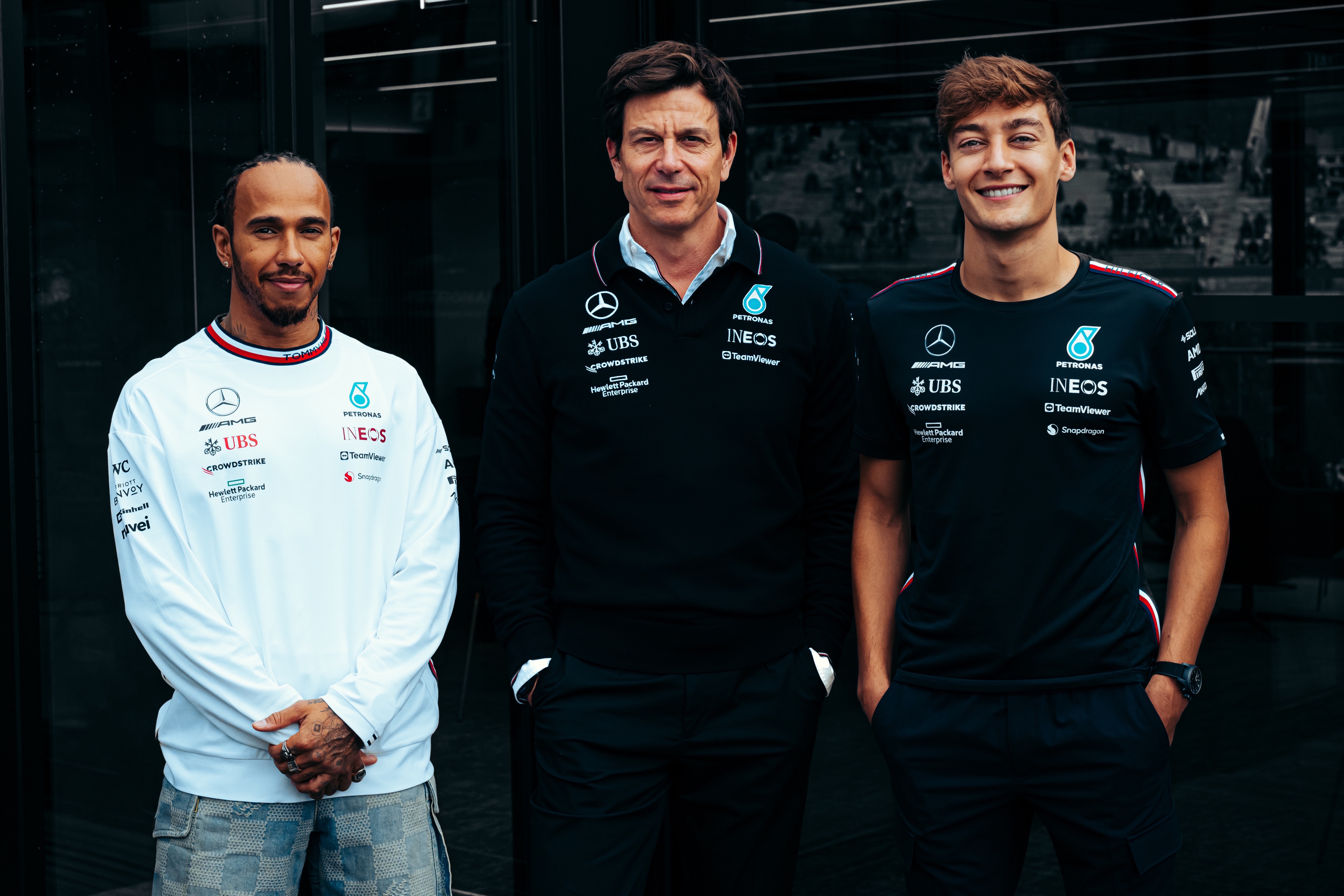 Team Principal & Ceo Toto Wolff With Drivers Lewis Hamilton & George Russell