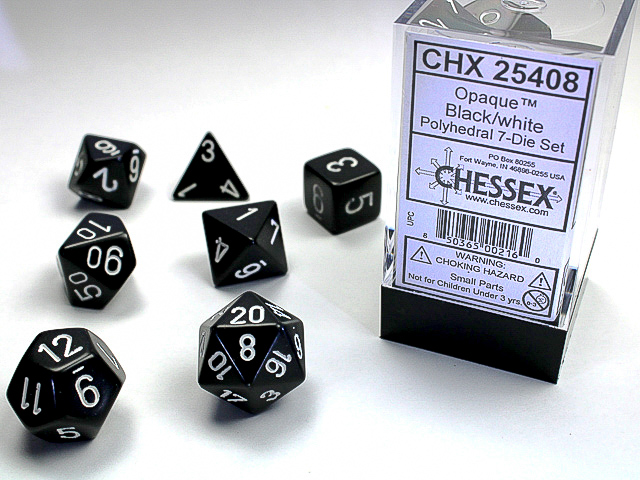 Chessex Dice Opaque Black / White Polyhedral 7-Die Set (CHX 25408)