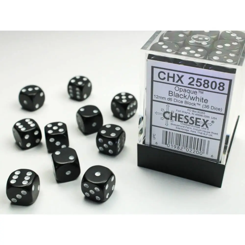 Chessex Dice Opaque Black/White 16mm d6 Dice 12-Die Set (CHX25608)