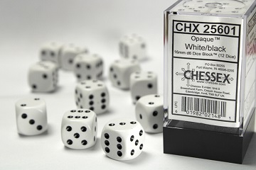 Chessex Dice Opaque White/Black 16mm d6 Dice 12-Die Set (CHX25601)