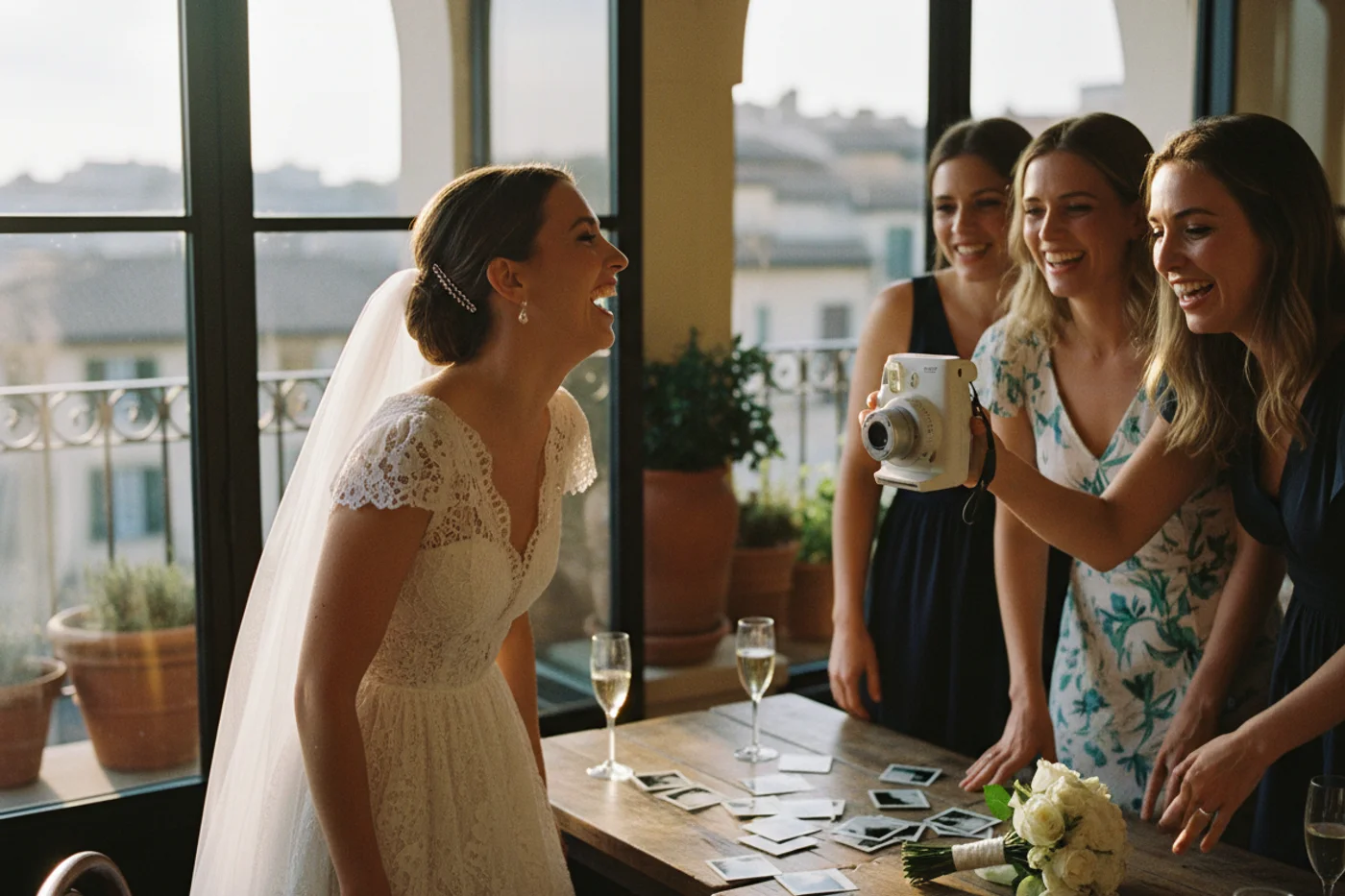Bride with instant camera photos on her bachelorette night out