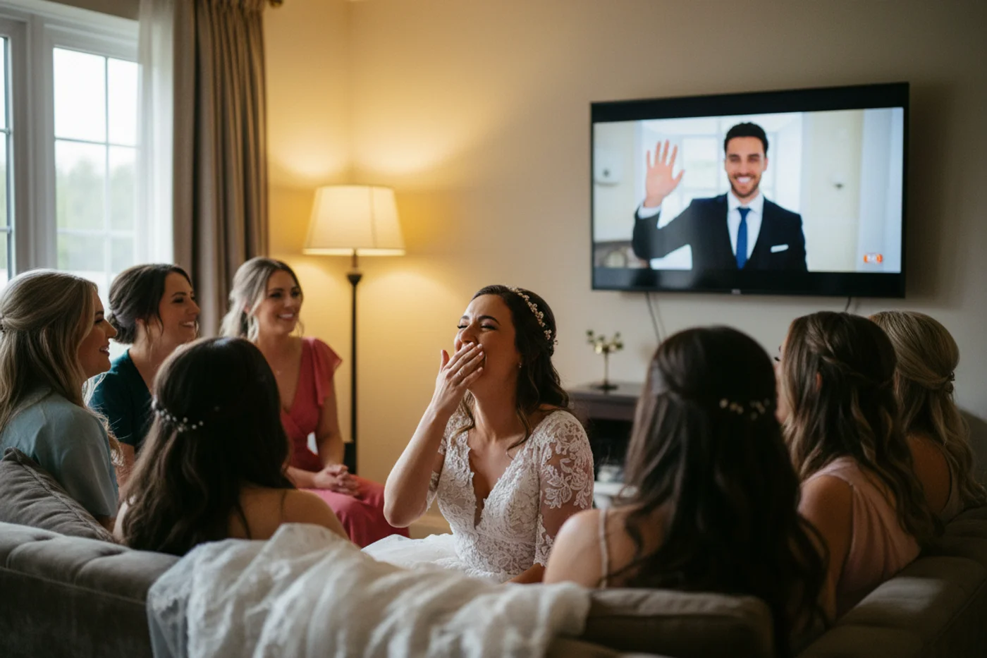 Bride laughing at the groom quiz video during her bachelorette party