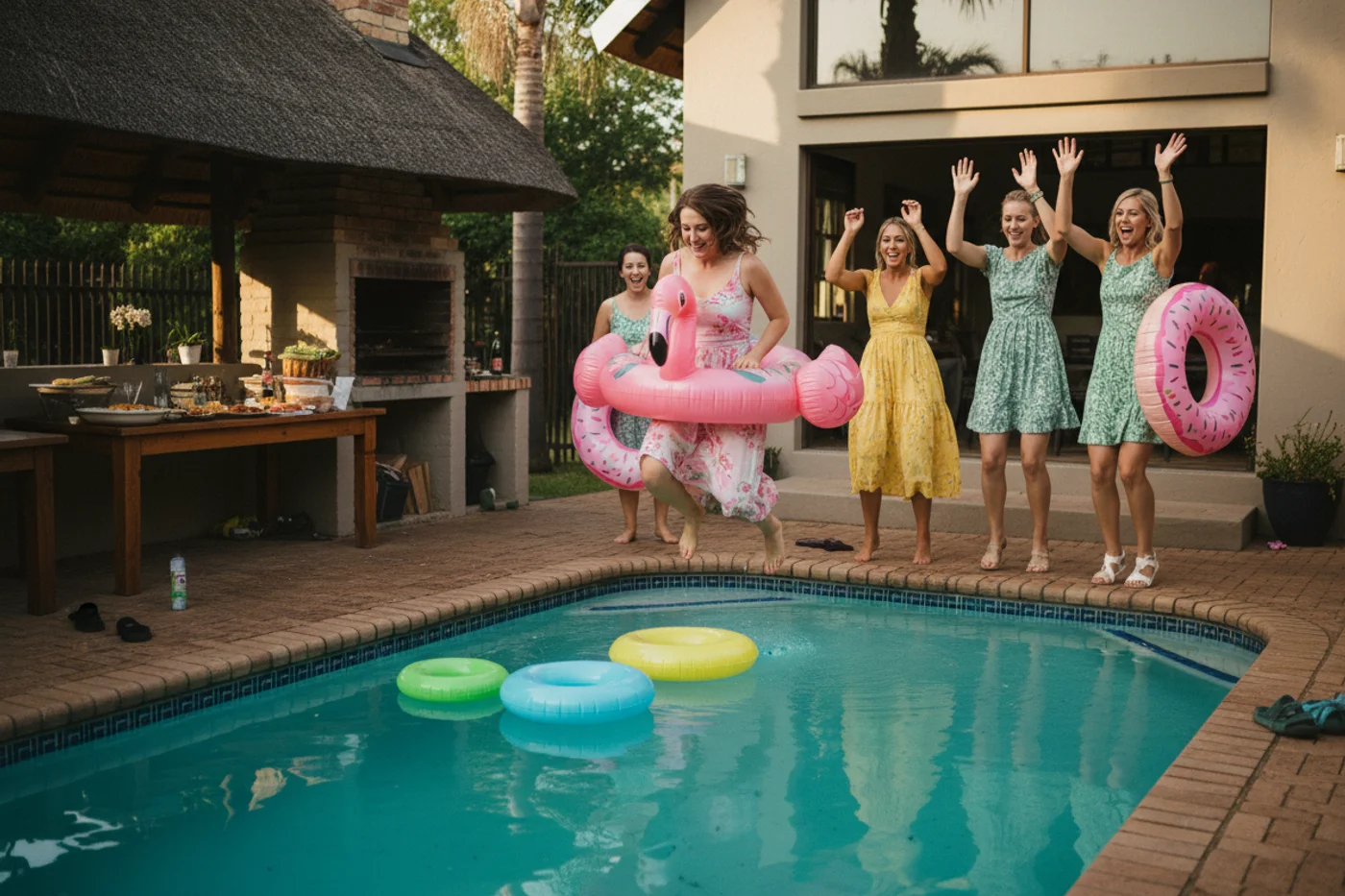 Bridesmaids racing in a pool game on a bachelorette weekend away